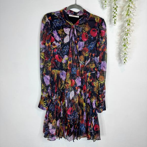 JASON WU COLLECTION Lavalier Bow floral dress pleated skirt long sheer sleeve - Picture 1 of 9